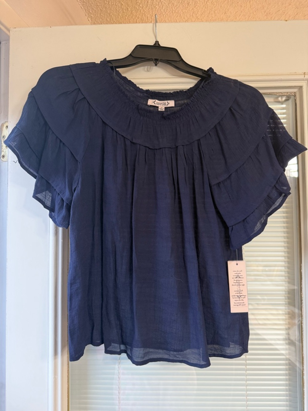 Nanette Lepore Navy Tiered Ruffle Short-Sleeve Blouse
